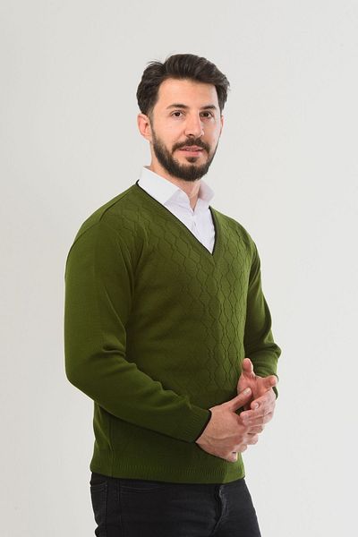 Kamalı Khaki Men's V-Neck Knitwear Long Sleeve Standard Fit Non-Pilling Knitwear Winter Knit Sweater