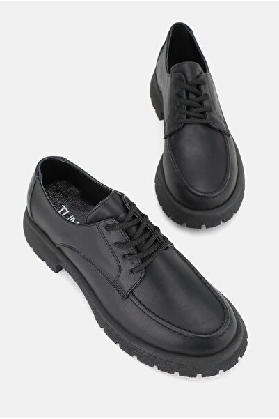 TUNAELLİ KADIN SİYAH MAT HAKİKİ DOĞAL DERİ 36-41 NUMARA BAĞCIKLI OXFORD AYAKKABI