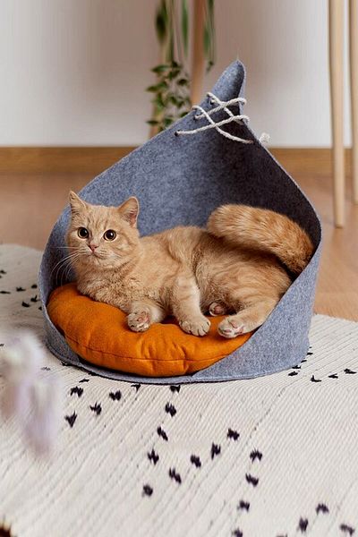 Bundera Kido Cat Bed Gray - Yellow Pet Beads Silicone Fiber Cat Cushion Cat Nest Hut