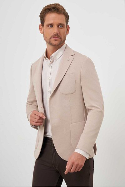 Morven Men's Beige Knitted Slim Fit Bag Pocket Mono Collar Sports Jacket