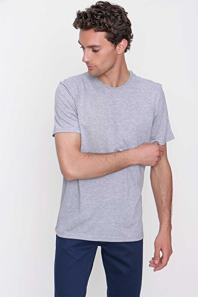 Morven Ανδρικό γκρι Basic απλό 100% βαμβακερό μπλουζάκι με λαιμόκοψη με λεπτή εφαρμογή με κοντό μανίκι