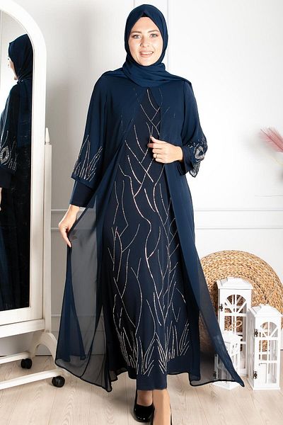 SUBU TASARIM Plus Size Navy Blue Hijab Evening Dress - Flexible and Jewelled Embroidered Chiffon TBS644