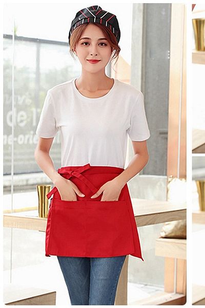 Bundeba Nippy Red Waiter Cook and Kitchen Chef Half Waist Apron Stain Resistant 3 Pockets Service Apron