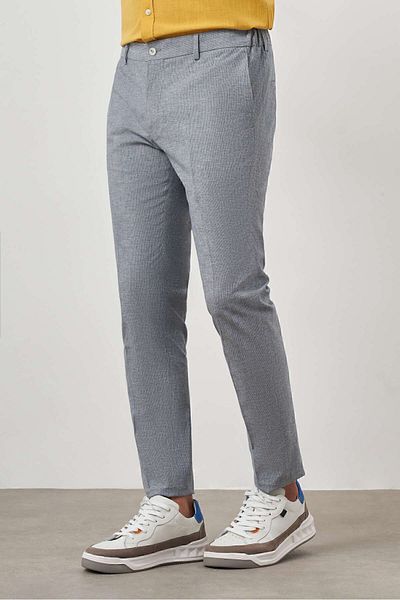 Morven Men's Navy Blue Linen Patterned Side Elastic Slim Fit Trousers