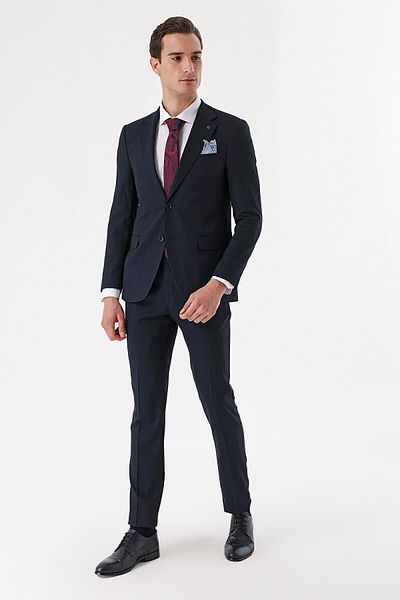 Morven Men's Dark Navy Blue Wool Patterned 6 Drop Slim Fit Suit