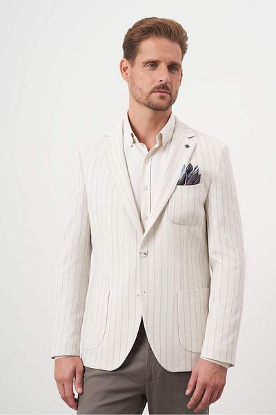 Morven Men's Beige Woven Seersucker Slim Fit Bag Pocket Mono Collar Sports Jacket