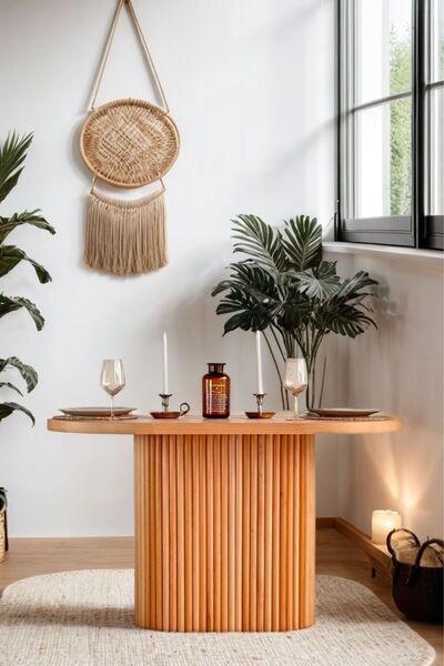 Woodenbend Mirla Natural Ahşap Oval Masa 80x130 İskandinav Bohem Tarz Modern ...