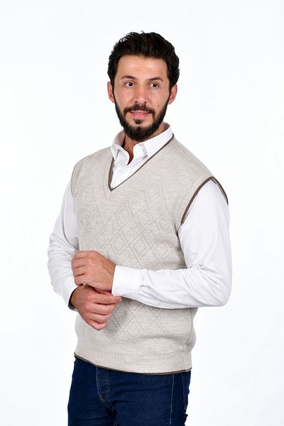 Kamalı Cream Men's Steel Knit Intersiye Winter Thick Knitwear V-Neck Knitwear Knit Non-Pilling Jumpers