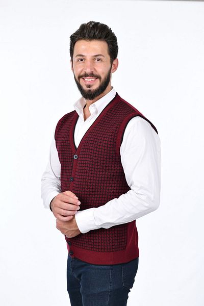 Kamalı Claret Red Men's Steel Knitted Buttoned Pocket Houndstooth Pattern Non-Pilling Knitwear Winter Sweater Vest