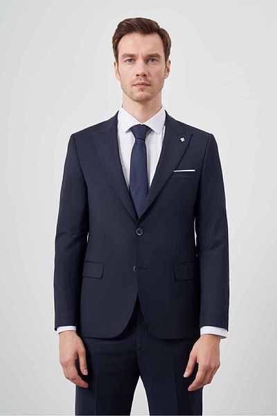 Morven Men's Navy Blue Wool Platinum Plain Pattern Slim Fit Pointed Collar Suit