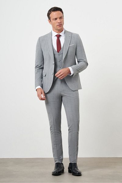 Morven Men's Gray Polyviscose Trend Vest Plaid Slim Fit Pointed Collar Suit