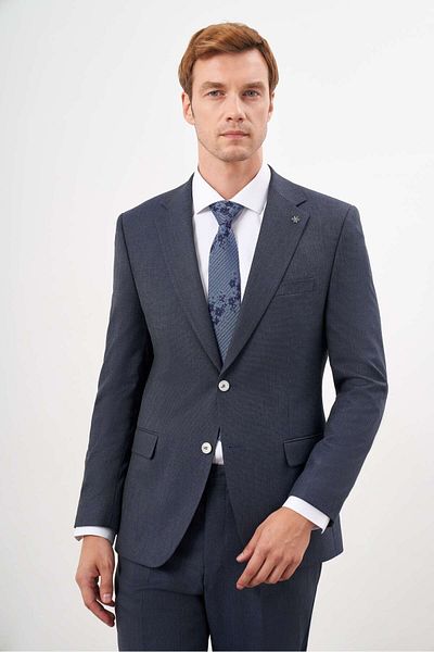 Morven Men's Navy Blue Dynamic Fit Plaid Mono Collar Suit - Polyviscose