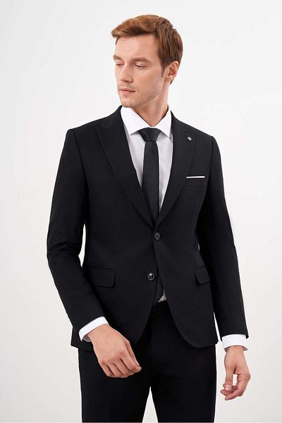 Morven Men's Slim Fit Black Polyviscose - Plain Patterned Pointed Collar Suit
