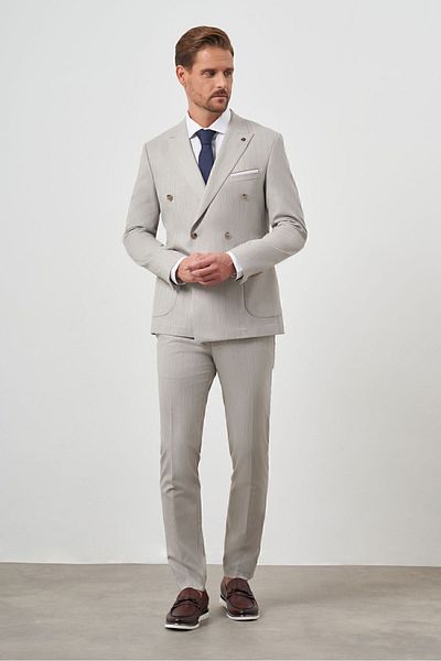 Morven Men's Beige Polyviscon Trend Double Breasted Slim Fit Pointed Collar Suit