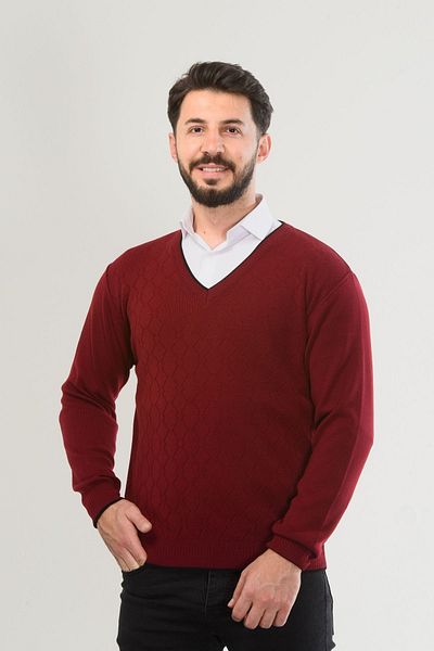 Kamalı Claret Red Men's V-Neck Knitwear Long Sleeve Standard Fit Non-Pilling Knitwear Winter Knit Sweater