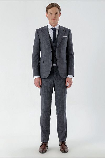 Morven Costum pentru bărbați bleumarin Polyviscon Trend Vest în carouri Slim Fit Costum cu guler ascuțit