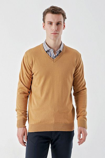Morven Мъжки Camel Basic V-образно деколте Dynamic Fit Удобна кройка трикотаж