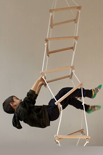 Bundeba Kare Tırmanma Kulesi 5 Basamaklı Çocuk İp Tırmanma Merdiveni Akrobasi Ahşap Montessori Oyuncak