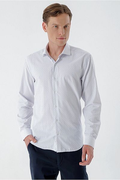 Morven Men's White Trend Striped Paneled Italian Collar Slim Fit Shirt