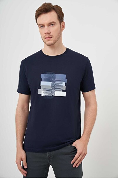 Morven Ανδρικό μπλουζάκι με μονό μπλουζάκι με στάμπα Navy Blue Trend με λαιμόκοψη Dynamic Fit