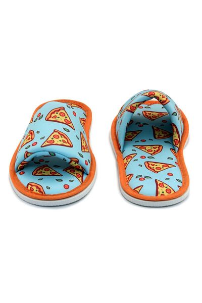 Chochili Papuci de casă unisex albastru cu model pizza, cu talpă moale, deschisă în față