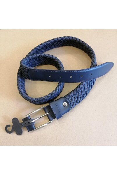 Butik Tülin للجنسين جلد طبيعي حبل مزيج محبوك حزام أزرق داكن