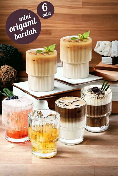 teknotrust 155 cc 6-Piece Mini Origami Style Glass Cup - Latte Espresso Heat Resistant Coffee Side Presentation B