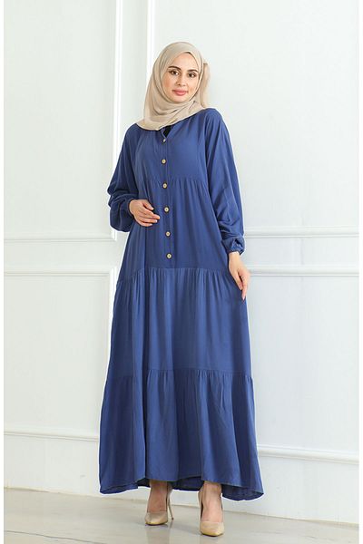 sefamerve Indigo Sleeve Elastic and Buttoned Dress - 0463-09