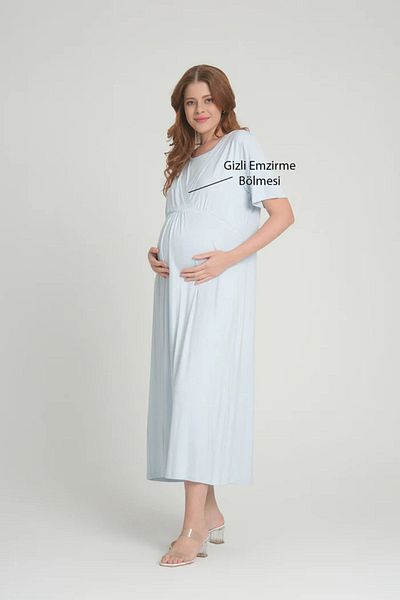 Pijamadam Set cămașă de noapte de maternitate, 100% bumbac, lungime întreagă, cu design albastru