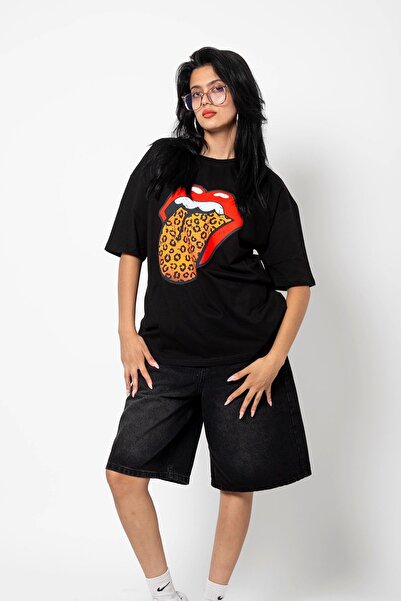 Bak Moda Tricou oversize negru cu model leopard Rolling Stones