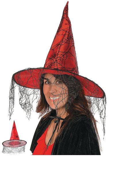 Parti dolabı Καπέλο μάγισσας Halloween - Κόκκινο, Μαύρο, Μοτίβο ιστού αράχνης, Τούλι πάρτι, 34εκ
