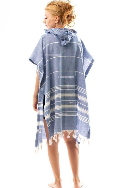 Formeya Baumwolle Erwachsene Pestemal Poncho Bademantel Strandtuch Blau