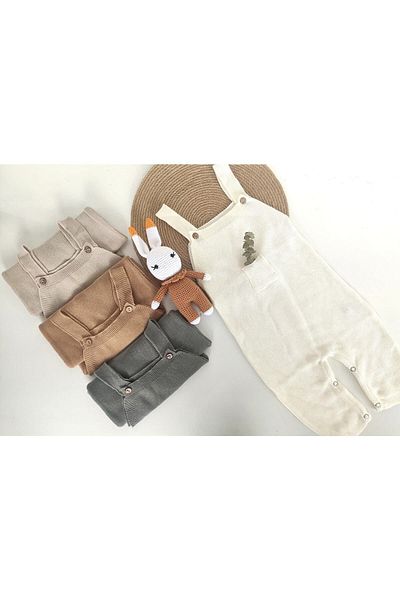 COLLESSİA 100% Organic Cotton Pocketed Boys Girls Unisex Baby Knitwear Salopet Jumpsuit - Ecru