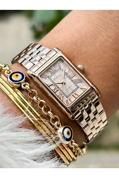 Ferrucci Rose Colored Steel Cord Women's Wristwatch and Evil Eye Beaded Bracelet Gift