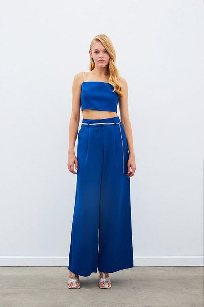 Sateen Pantaloni din satin cu centură de piatră - ALBASTRU