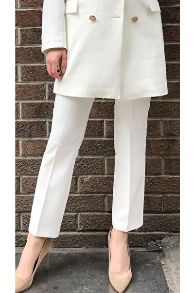 Famelin Ecru Elastic Waist Pipe Leg Trousers