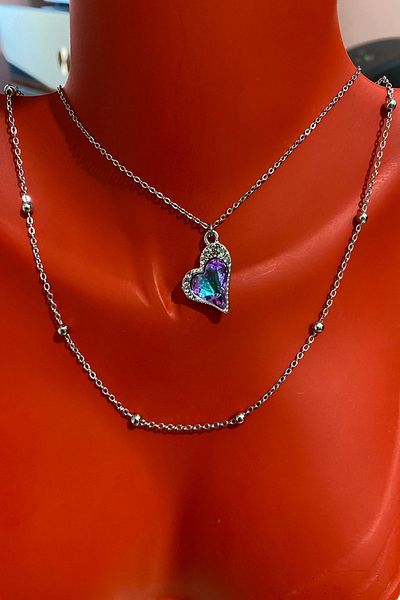Bourgogne2021 Lilac Silver Colored - Blue Stone Heart Model Women's Necklace Set