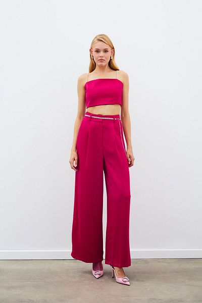 Sateen Stone Belted Satin Trousers - Coral