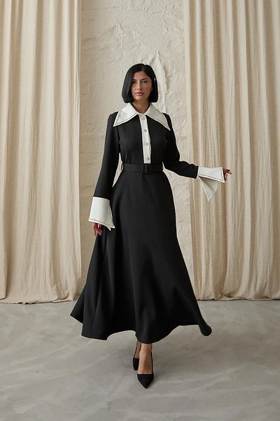 Essence Bouteille Black Long Dress with Stone Embroidered Sleeves and Neckline Detail