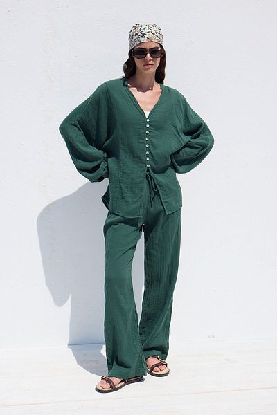 Manuka Comfortable Cut Muslin Trousers - Emerald