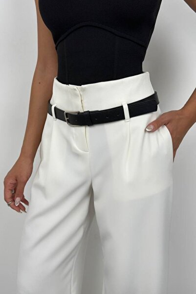 barış sülün lovebox White Women's Trousers with High Waist and Belt Detail - 24S01001