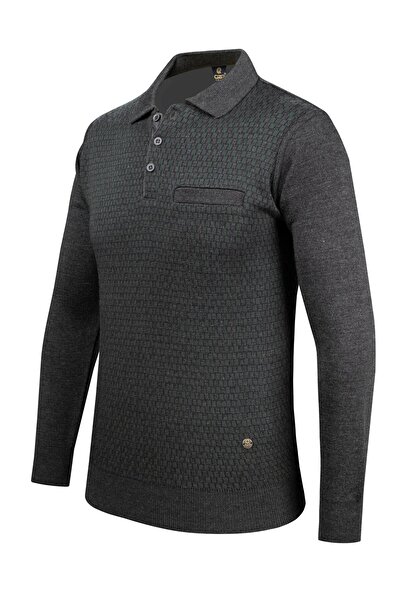 Çizgi Triko Men's Polo Collar Striped Knitwear Sweater - Patterned Sleeves and Waist Elastics, Steel Knit Classic Fit - 5006F