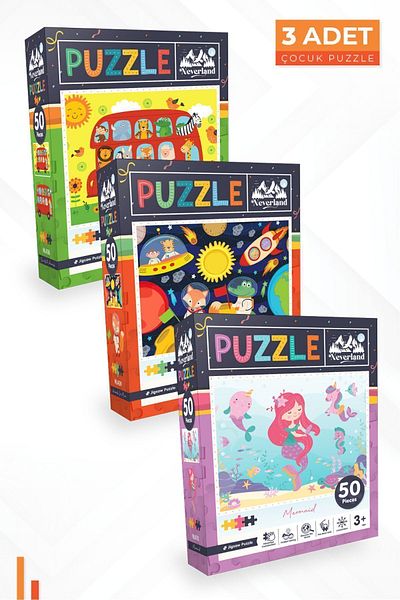 Neverland 3-Piece Children's Puzzle - 50 Pieces with Animals Bus and Moon Animals and Mermaid