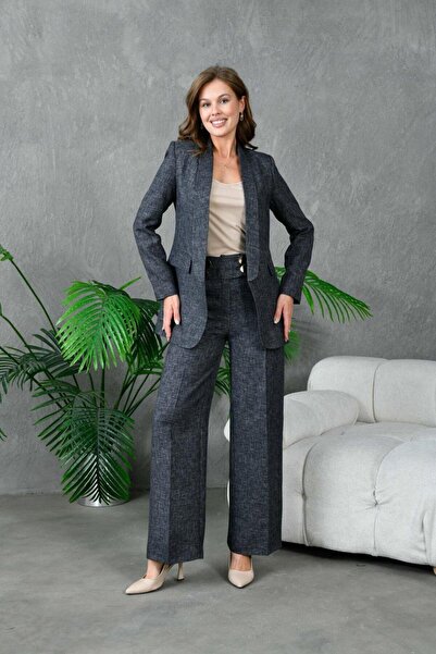 nodilife Black Tuxedo Jacket and 4 Button Loose Pants Women's Suit