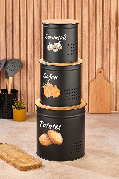 kitchen trend 3 Katlı Ahşap Kapaklı Metal Patates Soğan Kovası - Sebzelik - P...