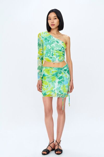 Quzu Μπλούζα από τούλι με έναν ώμο με μοτίβο μέντας