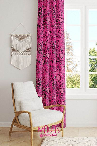 Moud's Suede Patterned Peace Love Background Curtain - Teen Room Printed Extra-Former Drawstring - Single Wing