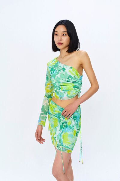 Quzu Μπλούζα από τούλι με έναν ώμο με μοτίβο μέντας