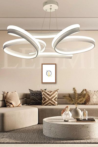LEDMİ High Illuminated Thick Case Daisy Model White LED Chandelier, 3 Color Lighting, Living Room Chandelier