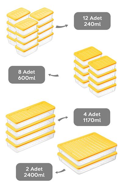Meleni Home 26 Pieces Storage Container Suitable for Microwave and Diffraction - Yellow, 2X2400Ml 4X1170Ml 8X600Ml 12X240Ml